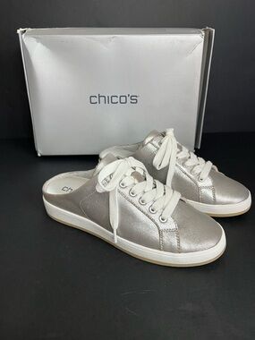 NIB Chico’s Metallic Silver Snap Slip On Sneakers - Sz 6